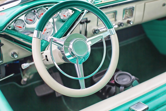 Interior shot of a restored car dashboard with vintage gauges.